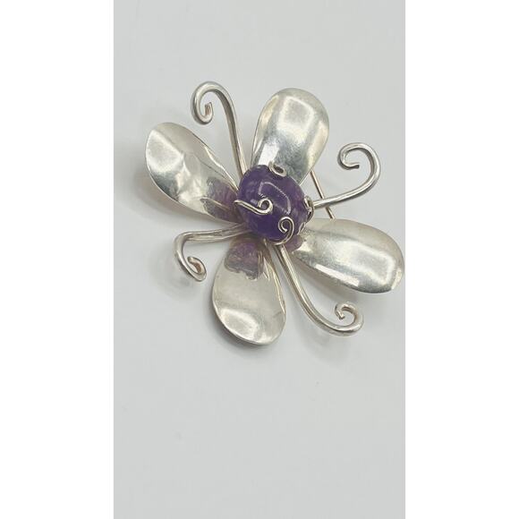 Vintage Designer Balladares Sterling Silver 925 Pin Brooch Flower Purple Stone